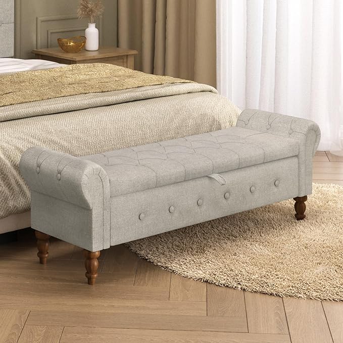 Storage Ottoman Bench for Bedroom, Linen 52" End of Bed Bench with Rolled Arms Upholstered Ottoman Bench Fit for Bedroom, Living Room, Entryway, Linen Gray-Ruum Studio Home
