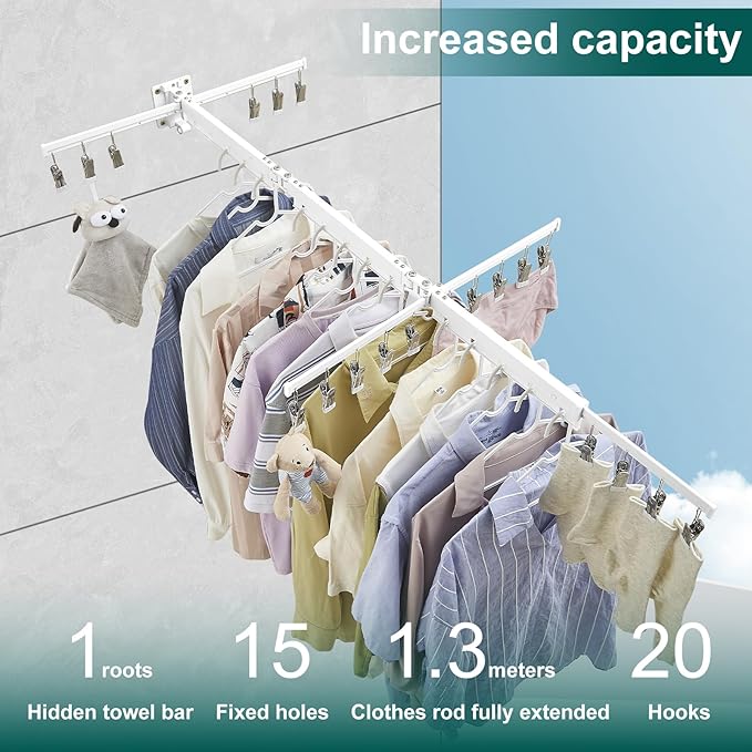 Hoimpro White 51" Clothes Drying Rack Retractable Foldable Wall Mounted, Tri-Fold Space Saving Collapsible for Hanging Clothing Coat, Ideal for Patio, Laundry Room Organization and Storage, Bathroom-Ruum Studio Home