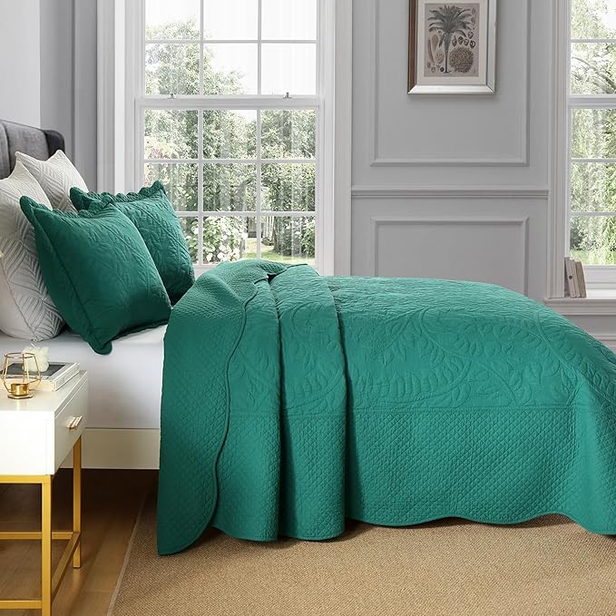 MarCielo 3-Piece 100% Cotton Oversized Bedspread Lightweight Quilt Coverlet Embroidery Farmhouse Bedding Set T0 (Emerald, Oversized King (118"x106"))-Ruum Studio Home