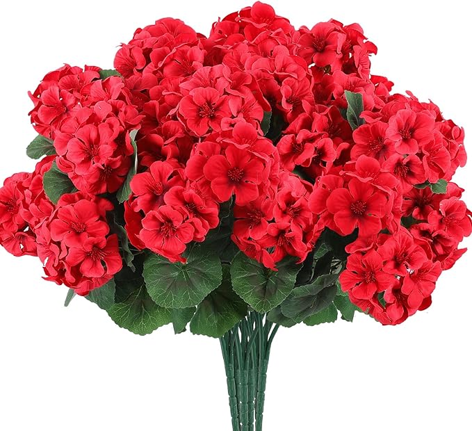 Hananona 12 Bundles Artificial Geranium Flowers for Outdoors Silk Geranium Flowers Outdoor UV Resistant Garden Plants Faux Flower for Home Kitchen Table Centerpieces Decor (12, Red)-Ruum Studio Home
