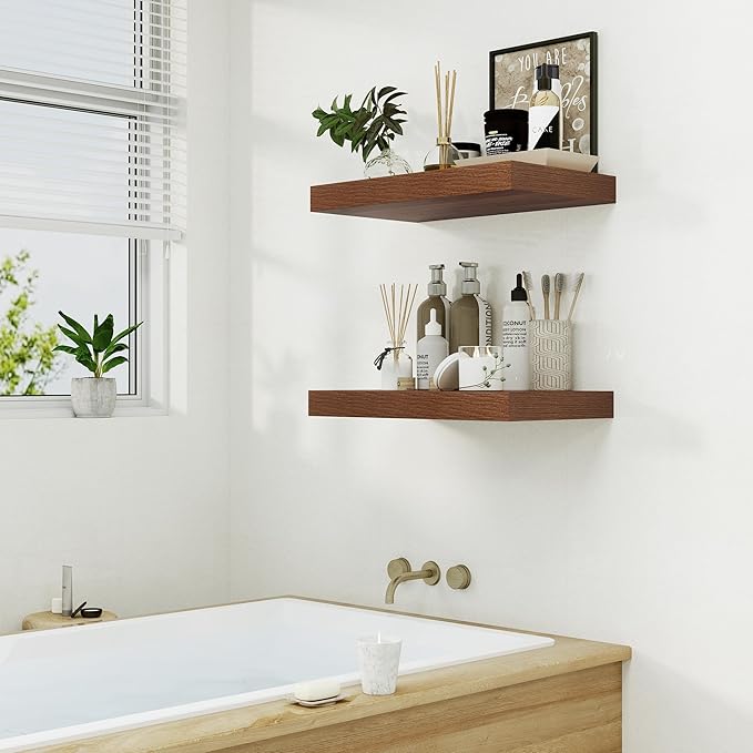 Heimlove 12" Deep Floating Shelves for Wall, 24 Inch Wall Shelf Bathroom Shelves Set of 1, Wall Mounted Shelves for Books Living Room Laundry Room Bedroom Kitchen Home Office, Walnut-Ruum Studio Home