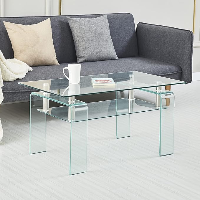 Glass Coffee Table for Living Room, Modern Rectangle All Tempered Glass Table 8mm Clear Transparent Top Home Furniture for Small Space Bearing 220LB-Ruum Studio Home