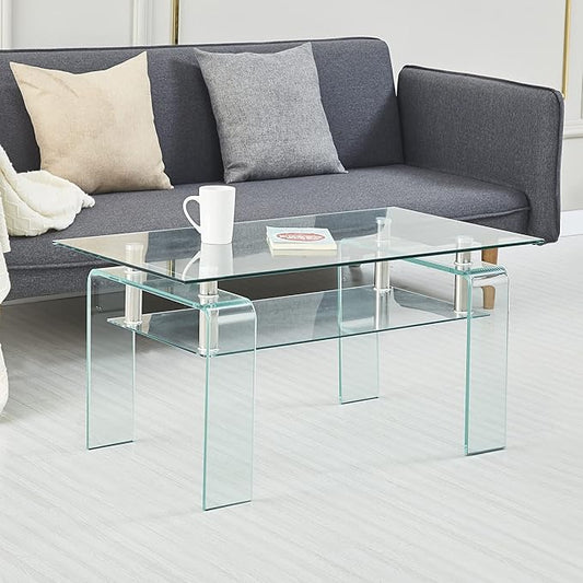 Glass Coffee Table for Living Room, Modern Rectangle All Tempered Glass Table 8mm Clear Transparent Top Home Furniture for Small Space Bearing 220LB-Ruum Studio Home