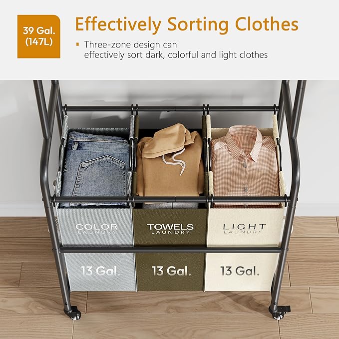 Laundry Sorter 3 Section,Laundry Hamper Cart with Hanging Rack & Removable Bags,Heavy Duty Laundry Basket Organizer with Wheels & 2 Tier Shelf,3 Colors-Ruum Studio Home