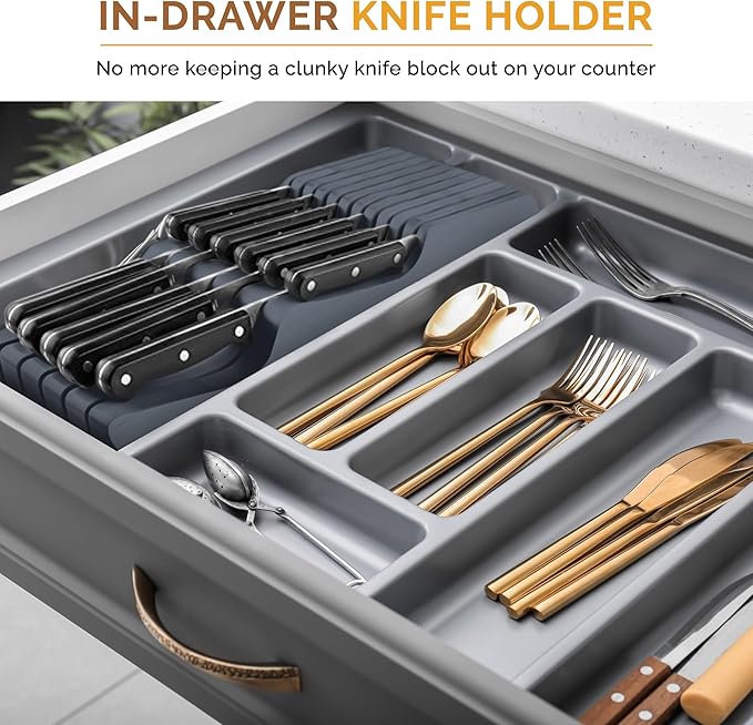 In-Drawer Knife Block - Bamboo Knife Drawer Organizer for Kitchen - Fits 5 Long + 6 Short Knives, Store Knives with Blades Pointing Down - Wooden Steak knife Holder without Knives (Grey)-Ruum Studio Home