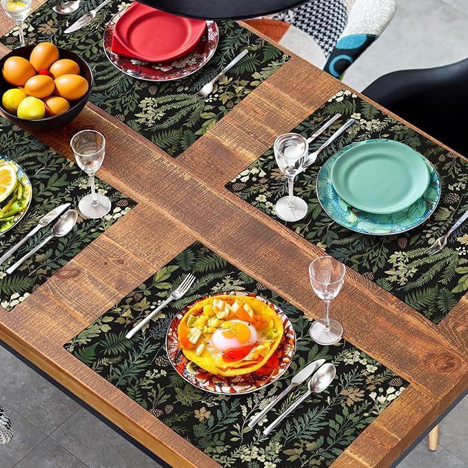 Black Sage Green Plant Placemats Set of 4 Vintage Botanic Fern Leaves Herb Floral Place Mats Rustic Farmhouse Linen Fabric Table Mats for Party Kitchen Dining Outdoor Indoor Decor-Ruum Studio Home