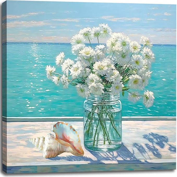 Bathroom Decor Ocean Daisy Flower Canvas Wall Art Coastal Nautical Seashell Seascape Framed Picture Ocean Theme Seascape Painting Artwork for Bedroom Home Decoration Square Blue 14x14"-Ruum Studio Home