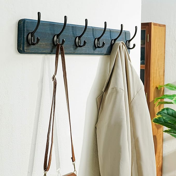 Dseap Coat Rack Wall: 24" Long, Patented, Heavy-Duty, 6-Double-Hooks Wooden Wall Mounted Coat Rack Coat Hanger Hook Rail for Winter Coats Hat Jacket Clothing, Weathered Blue, Pack of 2-Ruum Studio Home