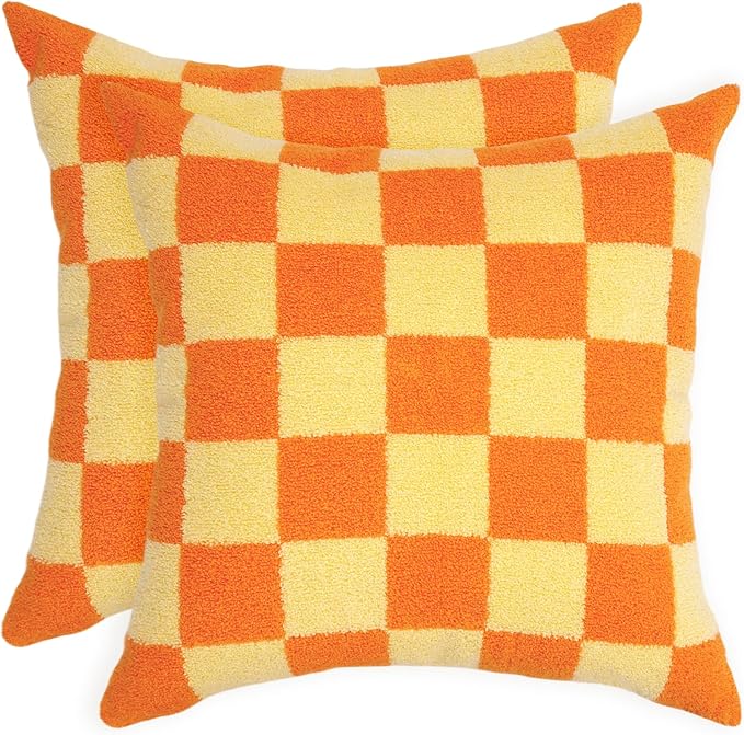 Alysheer Checkered Embroidered Decorative Throw Pillow Covers 18"x 18" Set of 2, Farmhouse Boho Orange Yellow Plaid Tufted Patterned Cotton Canvas Cushion Case for Sofa Couch Bed Living Room Outdoor-Ruum Studio Home