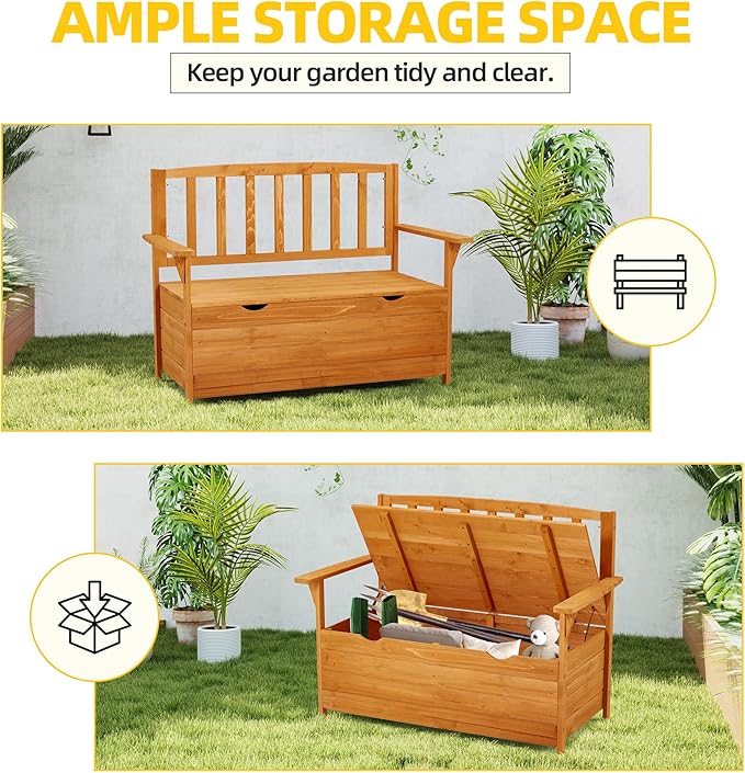 AVAWING Outdoor Storage Bench, Wooden Garden Bench Weatherproof, Patio Benches for Outside, 2-Seat Front Porch Bench, Park Bench for Deck, Lawn, Backyard (Yellow)-Ruum Studio Home
