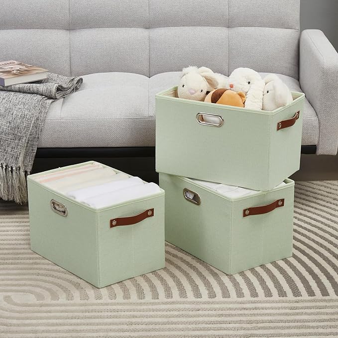 Large 3-Pack Foldable Fabric Storage Bins with Durable PU & Metal Handles, Collapsible Storage Baskets for Shelves, Home Storage, Closet Organizers, Living Room(14.9"x9.8"x9.8", Sage Green)-Ruum Studio Home