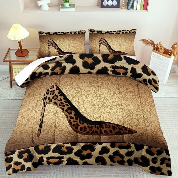 Leopard Comforter Set Full Girls,Sexy High Heel Comforter for Women,Leopard Print Bedding Set Full Adult,High Heel Quilt Bedroom Decor,African Animal Print Bedding Quilt-Ruum Studio Home