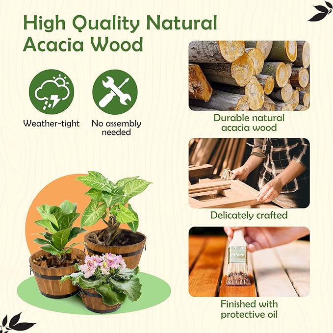 Idzo Set of 3 Wooden Flower Boxes Outdoor, Durable Acacia Wood Barrel Planters for Outdoor Plants with Ergonomic Handles, Drainage Holes, Multiple Sizes Wood Bucket Planter Light Brown-Ruum Studio Home