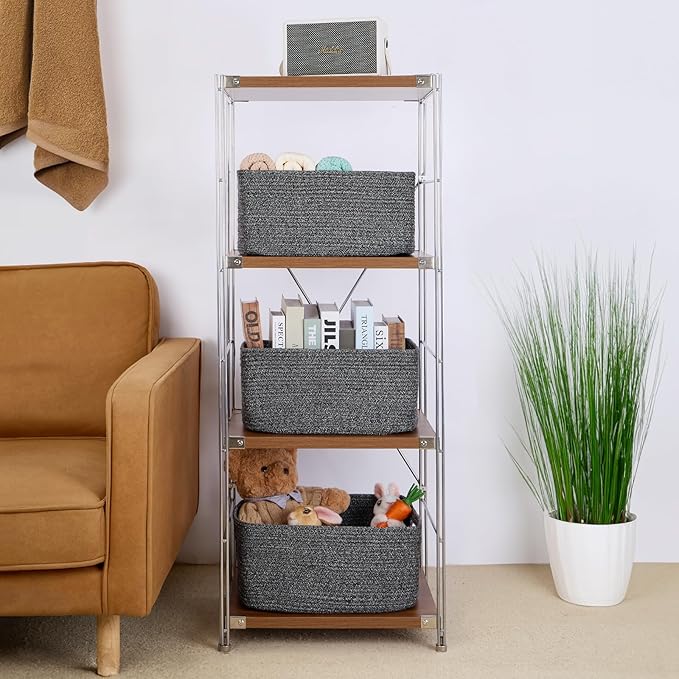 Large Storage Baskets for Shelves, Closet Organizers Bins for Clothes Blanket Towels, Baby Nursery, Toy Baskets Box, Woven Rope Baskets, 17 x 13 x 7.5”, 3 Packs Dark Gray-Ruum Studio Home