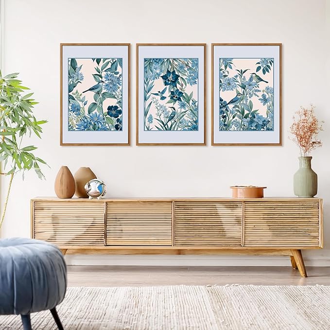 Aurlan Vintage Blue Birds and Botanical Framed Wall Art(16"x24"), 3PCS Classic Chinoiserie Audubon Bird Canvas Artwork, Large Abstract Watercolor Flowers Floral Home Decor for Bedroom Living Room-Ruum Studio Home