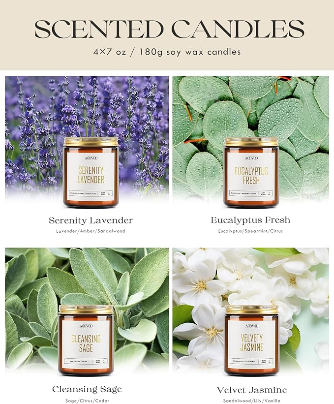 AOOVOO Candle Set - 4PC Scented Candles, 28 oz Soy Candles, Soy Candle for Home Scented, Sage/Jasmine/Eucalyptus/Lavender-Ruum Studio Home
