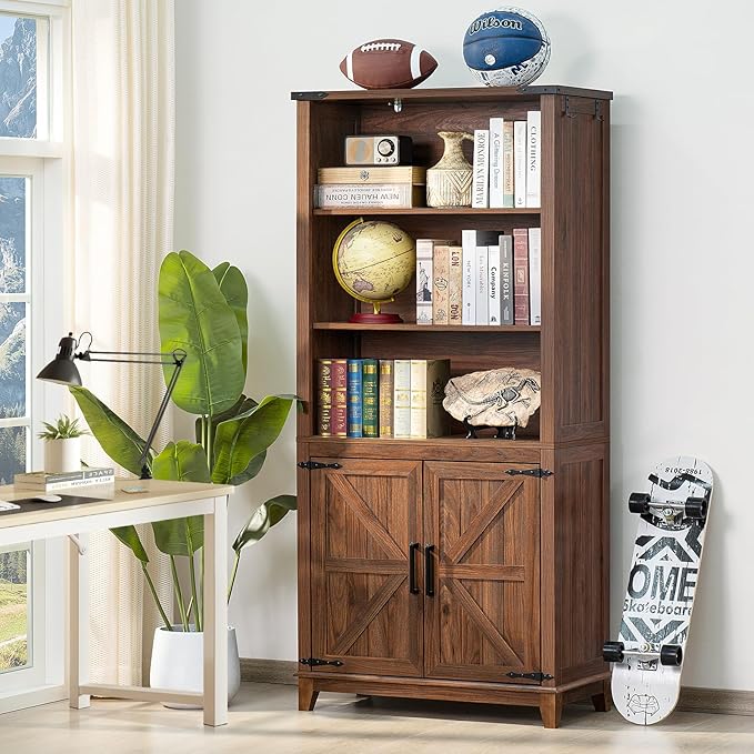 70in Tall Bookshelf 5 Tier Bookcase with Barn Doors and Adjustable Shelves, Brown Farmhouse Book Shelf with Storage Cabinet, Wood Freestanding Display Bookshelves for Bedroom, Kitchen (2PCS)-Ruum Studio Home