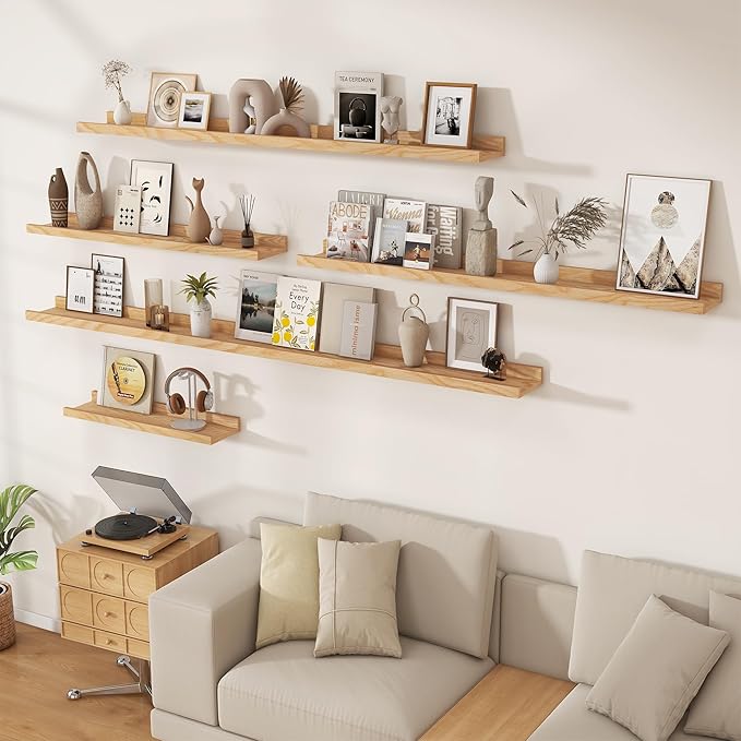 Floating Picture Ledge Shelves 55 Inch Solid Oak Wood Set of 2, Rustic Wall Storage Shelves with Lip, Kids Bookshelf, Photo & Picture Ledge Shelves for Bedroom, Living Room, Kitchen-Ruum Studio Home