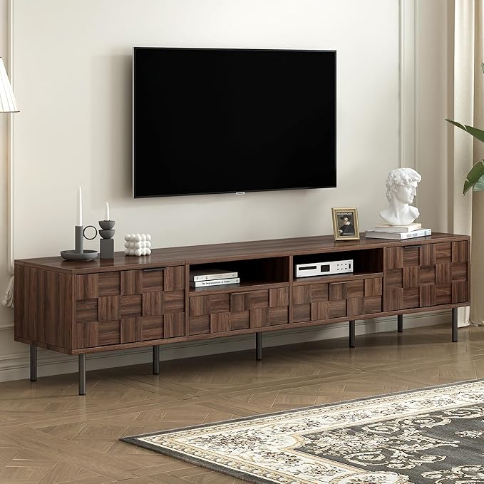 Modern TV Stand for TVs up to 85", Mid-Century Media Console with Checkered Cabinet Doors, Storage Drawers & Open Shelves, Wood Entertainment Center with Metal Legs-Ruum Studio Home