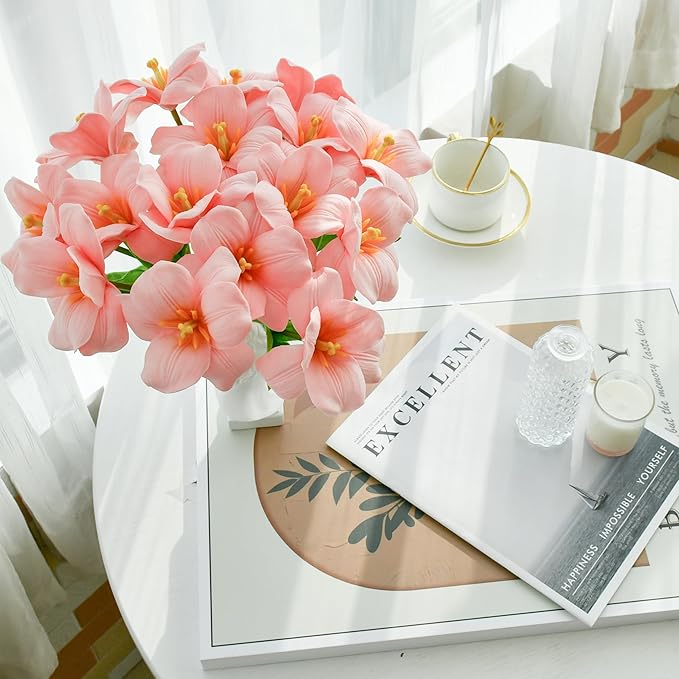 Mandy's Artificial Tulips 12 Stems Pink Fully Bloomed PU Faux Flowers for Wedding Home Decor 13.5 Inch-Ruum Studio Home