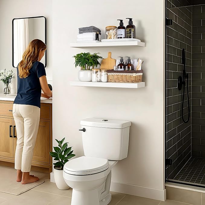 BGMG Wood Floating Shelves 24 inch Long,Rustic Solid Wooden Deep Wall Shelves for Bathroom Living Room Bedroom Kitchen Farmhouse Set of 2-24x6.7x1.25 inch-White-Ruum Studio Home