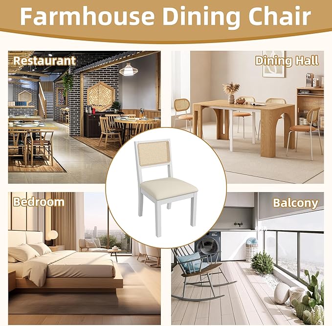 Westice Rattan Dining Chairs Set of 6, Farmhouse Natural Dining Room Chairs with Upholstered Cushion, Wood Armless Chairs for Kitchen/Restaurant, White-Ruum Studio Home
