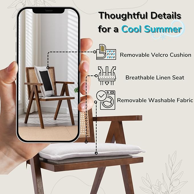Rattan Dining Chairs Set of 4, Farmhouse Wicker Dining Chairs with Removable Linen Cushion Accent Cane Armchair for Dining Room Kitchen Restaurant, Walnut-Ruum Studio Home
