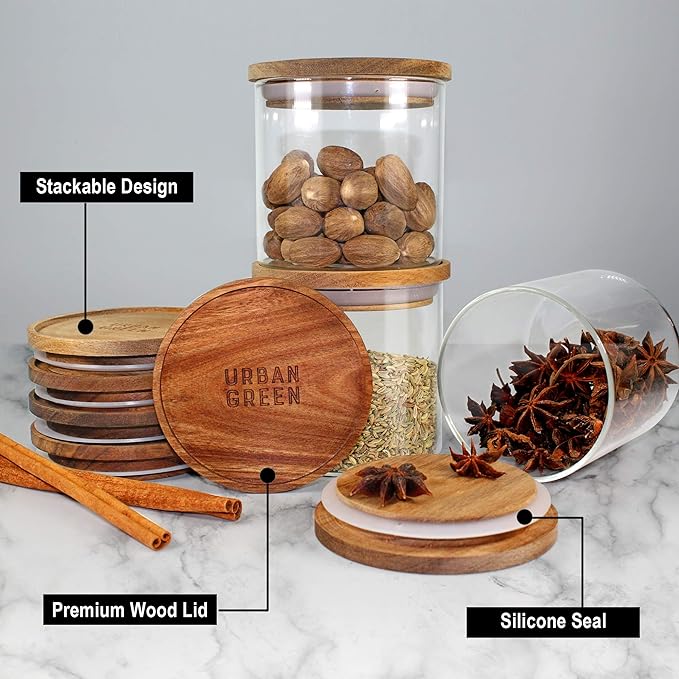 Urban Green Glass Jars with Airtight Lids, Airtight Canisters with Wood Lids, Glass Storage Containers with Bamboo Lid, Food Storage Containers Set (6 Pack of 27oz)-Ruum Studio Home