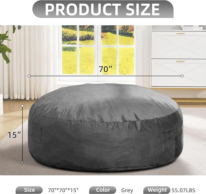 Hobestluk 6FT Bean Bag Chair Bean Bag Chairs for Adults Giant Bean Chairs with Velvet Cover, Memory Foam BeanBag Chair Fluffy BeanBag Chairs for Living Room, Bedroom- Grey (70" x 70" x 15")-Ruum Studio Home