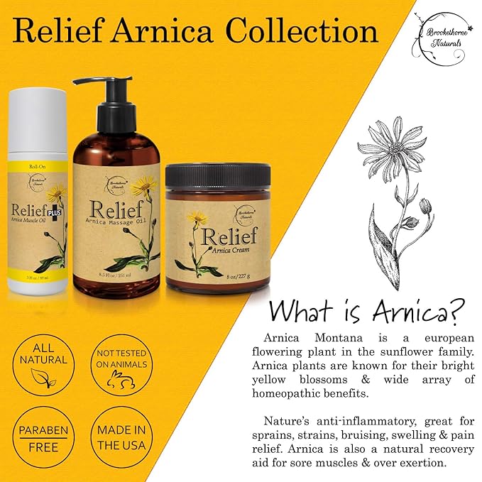 Relief Arnica Cream – Enriched with Lemongrass, Eucalyptus & Rosemary Essential Oils – All Natural Massage Lotion for Sore Muscles & Stiffness. Perfect for Massage Therapy by Brookethorne Naturals-Ruum Studio Home