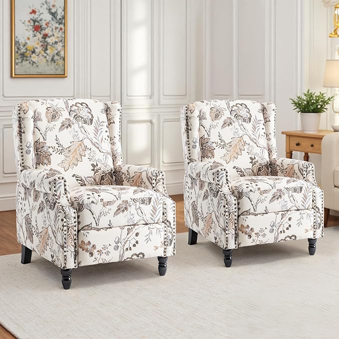 UIXE Recliner Chairs Set of 2, Fabric Upholstered Armchair Pushback Accent Chair for Living Room, Floral Rivet Trim Club Chair Home Theater Single Sofa Bedroom Side Reading Seat - Beige Plants-Ruum Studio Home