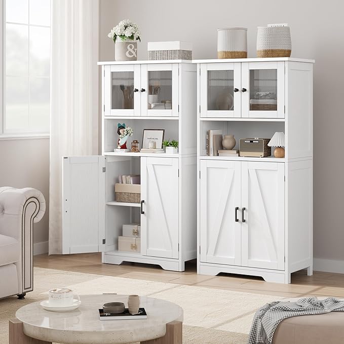 GarveeHome 54in Tall Bathroom Cabinet, Farmhouse Storage Cabinet with Glass Doors and Adjustable Shelves, Freestanding Kitchen Pantry Cabinets, Cupboard for Living Room, Dining Room, White-Ruum Studio Home