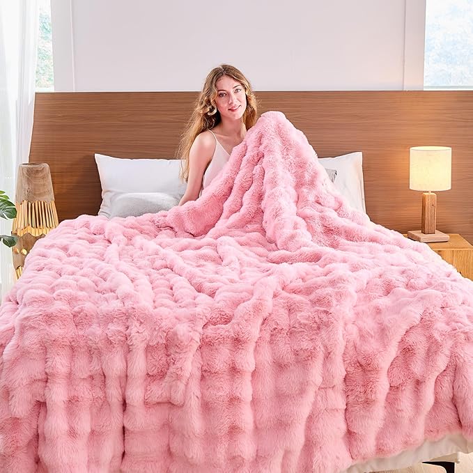 Lotus Karen Faux Fur Throw Blanket Pink - Big Bubble Rabbit Fluff Blanket for Couch, Large Fluffy Fuzzy Cozy Blanket,Thick Furry Plush Shaggy Blankets,108x90 Inches-Ruum Studio Home