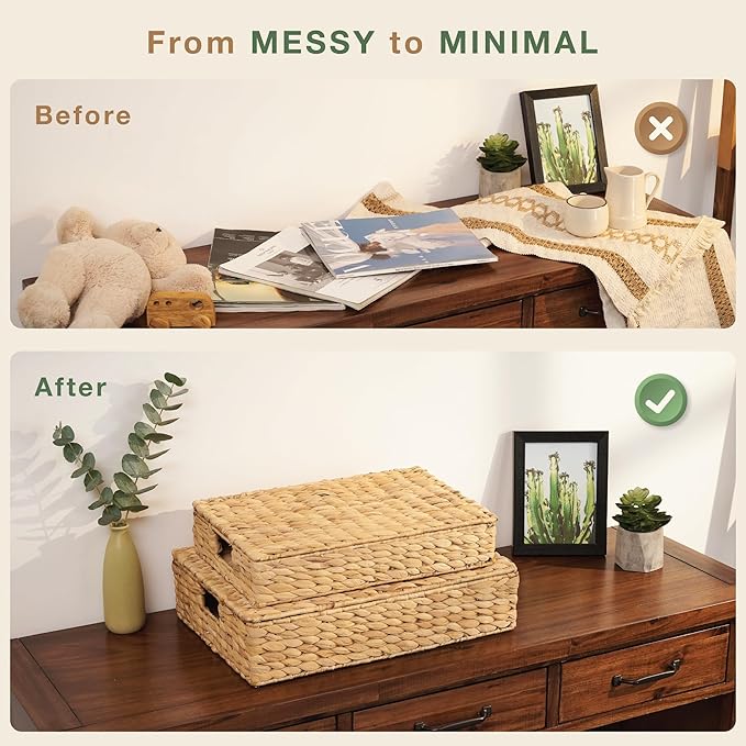 Set of 2 Wicker Baskets with Lid for Organizing - Decorative Storage Boxes With Lids for Home Decor, Shelves - Organic Modern Home Decor - Remote Box - Coffee Table Basket-Ruum Studio Home