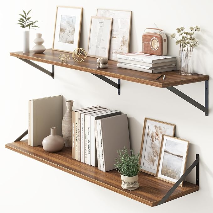 Floating Shelves 48 Inch Long, 10" Deep Floating Shelves, Walnut Wall Shelves 48 x 10, Set of 2, Wide Large Display Storage Shelves for Bathroom, Living Room, Rustic Wood Shelves with Brackets-Ruum Studio Home