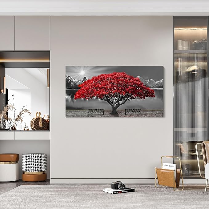 Black and White Red Tree Wall Art Canvas Print Picture Large Red Tree Landscape Modern Artwork for Living Room Bedroom Office Home Wall Decoration Decor With Frame 20x40in-Ruum Studio Home