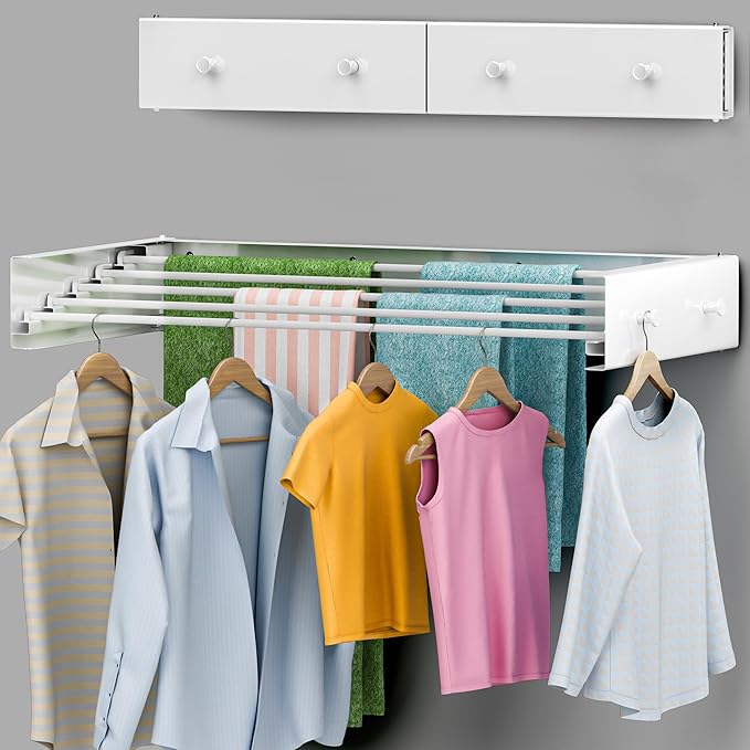 Foldable Wall Mounted Drying Rack 28 inch - Easy to Install Hanging Rack for Laundry Room - Space Saving Design with 55-lb Capacity - Perfect Drying Racks for Clothes Towels & More-Ruum Studio Home