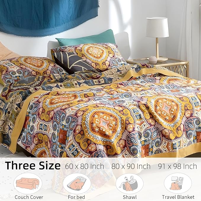 Boho Throw Blanket for Bed - 100% Pure Cotton Ultra Soft Rustic Quilt - Farmhouse Decor Bed Blankets, All Season Rustic Throw for Sofa Couch Chair(60"×80", Boho Flover)-Ruum Studio Home