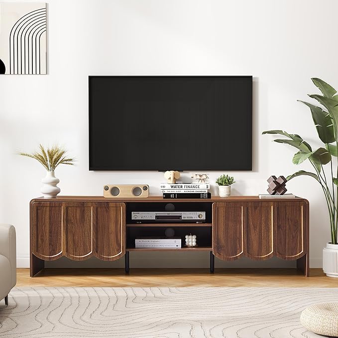 ORRD 63'' TV Stand, Modern TV Console Table Wave Panel Television Stands Entertainment Media Center with Storage Compartment and Sliding Door for Living Room (Walnut)-Ruum Studio Home