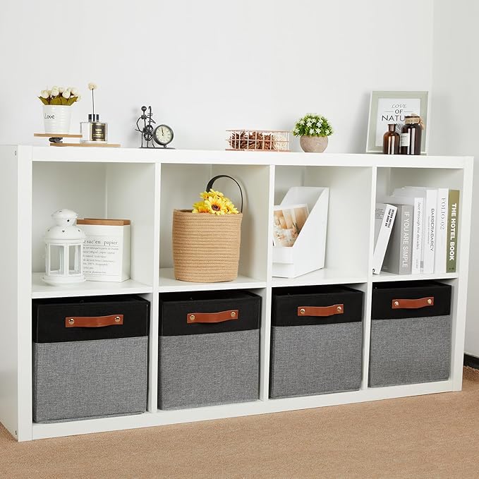 HNZIGE Cube Storage Baskets,Fabric Storage Cubes 12 x 12, Set of 4,Decorative Storage Baskets for Organizing with Handles,Closet Bins for Shelf Organizer Home Toy Nursery Closet(Black Gray)-Ruum Studio Home