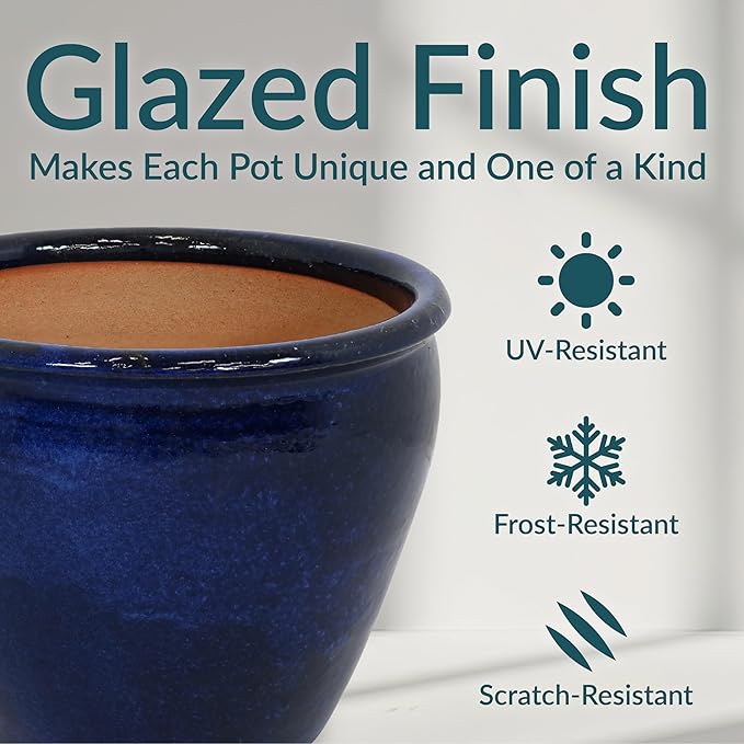 Sunnydaze Chalet Large Ceramic Plant Pot - Round Outdoor Glazed Ceramic Planter Pot with Drainage - Imperial Blue - 14.5"-Ruum Studio Home
