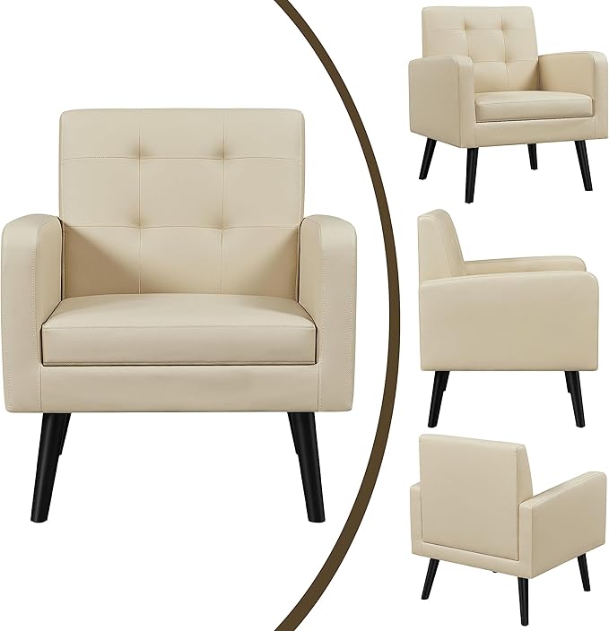 Yaheetech Mid-Century Accent Chairs, PU Leather Modern Upholstered Living Room Chair, Cozy Armchair Button Tufted Back and Wood Legs for Bedroom/Office/Cafe Beige 2PCS-Ruum Studio Home