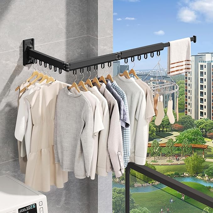 Wall Mounted Clothes Drying Rack, Retractable & Collapsible, Foldable Black-Ring Laundry Hanger-Ruum Studio Home