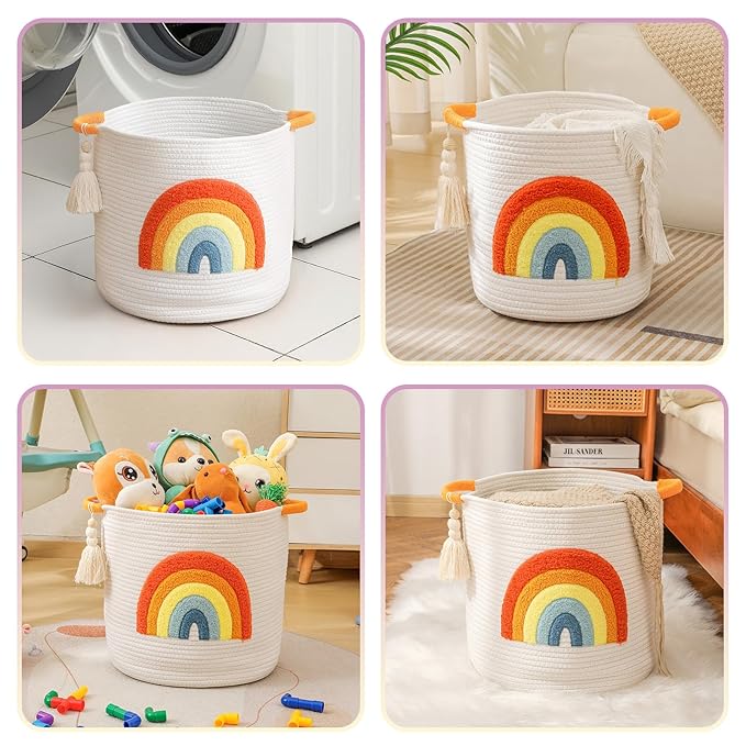 INough Toy Storage Baskets Woven Cotton Rope Storage Basket Kids Blanket Baskets for Living Room, Toys Organizer with Embroidery Colorful Rainbow Decor, Baby Basket for Laundry Nursery (Boho Rainbow)-Ruum Studio Home