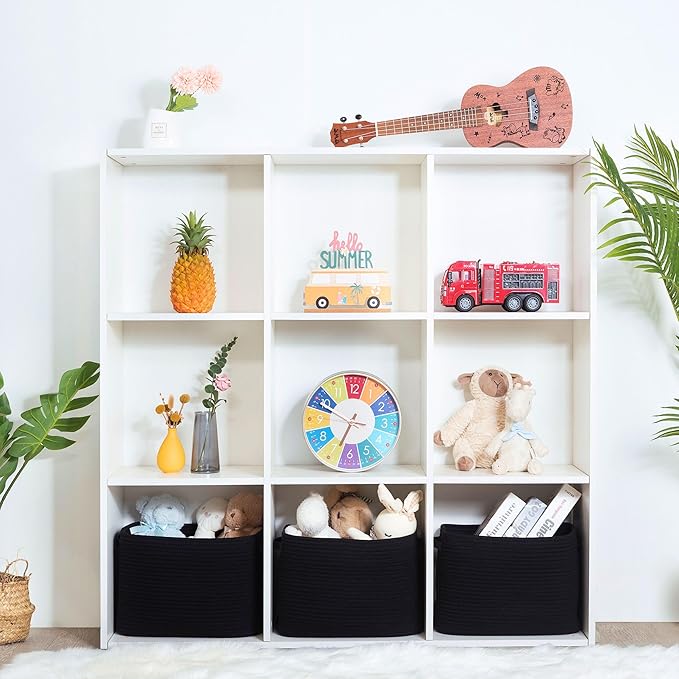 MINTWOOD Design 3-Pack Storage Baskets for Shelves, Decorative Baskets for Organizing, Woven Baskets for Storage, Book Basket Cube Bin Box, Pantry Closet, Shoe Organizer, Black / Black-Ruum Studio Home