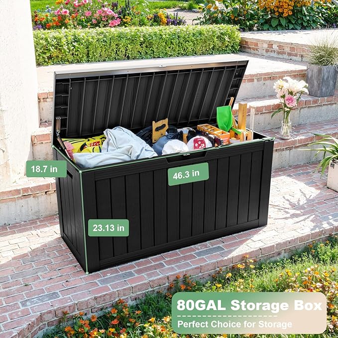 DRATO 80 Gallon Large Deck Box, Outdoor Storage Box for Patio Furniture, Patio Cushions, Gardening Tools, Pool Supplies 480lbs Weight Capacity,Waterproof Resin Storage Boxes-Ruum Studio Home