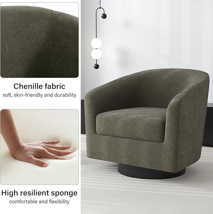 Swivel Barrel Accent Chair, Modern Round Chenille Fabric Arm Chair for Living Room, Bedroom, Comfy Club Reading Chairs for Adults（Chenille Fabric, Tan, Set of 2-Ruum Studio Home