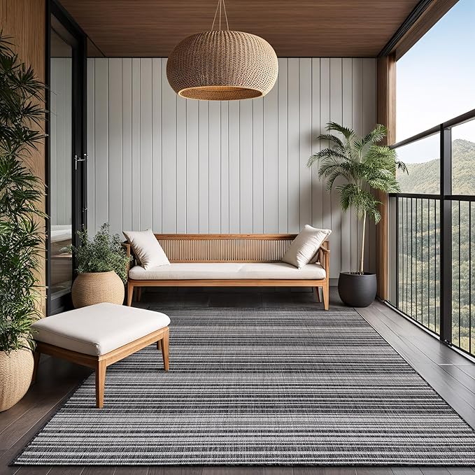 Stripe Outdoor Rug 10x14 Washable Outside Carpet for Indoor Patio Porch Waterproof Easy Cleaning Non Shedding Area Rugs Dark Gray 10 x 14-Ruum Studio Home