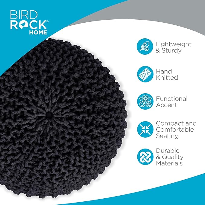 BIRDROCK HOME Round Pouf Ottoman | Cotton Braided Foot Stool with Bean Bag Filling | Boho Foot Rest for Living Room & Bedroom | Compact & Comfortable Seating, Lightweight & Soft | Charcoal-Ruum Studio Home