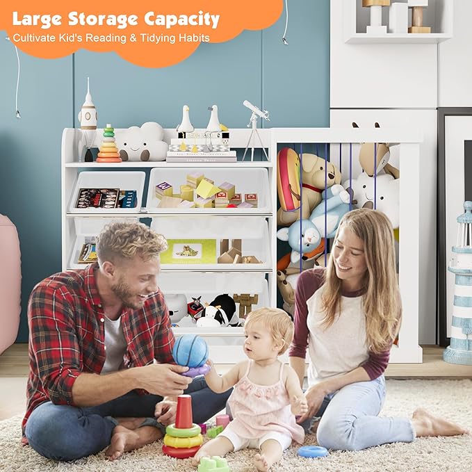 Kids Toy Storage Organizer with 3 Removable Plastic Bins Toddler Montessori Bookshelf with Stuffed Animal Net Holder Baby Bookcase Plush Organizer for Playroom, Bedroom,Kids Room,Classroom,Nursery-Ruum Studio Home